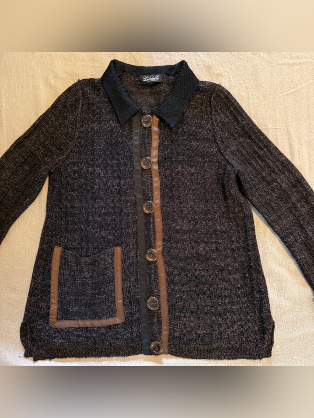 Libretto Knit Button-Front Cardigan with Brown Trim